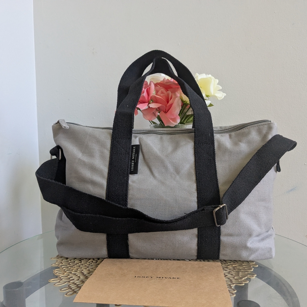 Issey Miyake Gray Duffel Bag with Black Straps